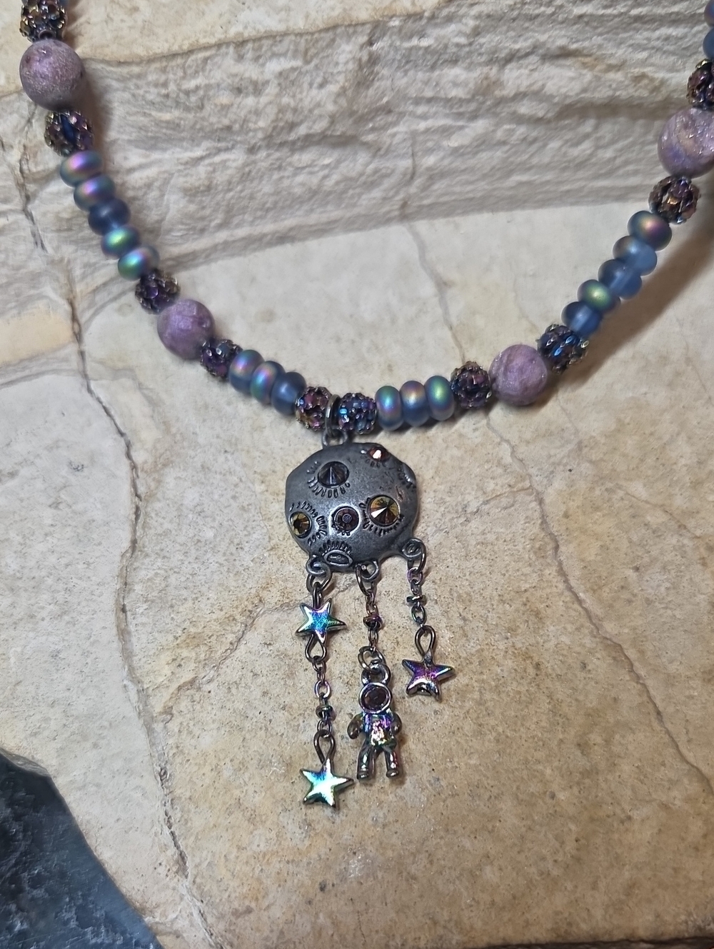 Purple Druzy Astronaut Planet Star Charm Necklace Aerodescent Glass Crystal Bead